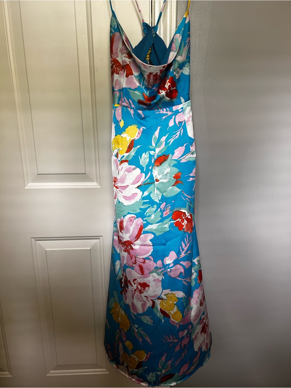 Lulu's Turquoise Floral Maxi Dress with Pink & Yellow Accents